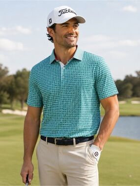 Kenneth Cole Teal Geometric Golf Polo